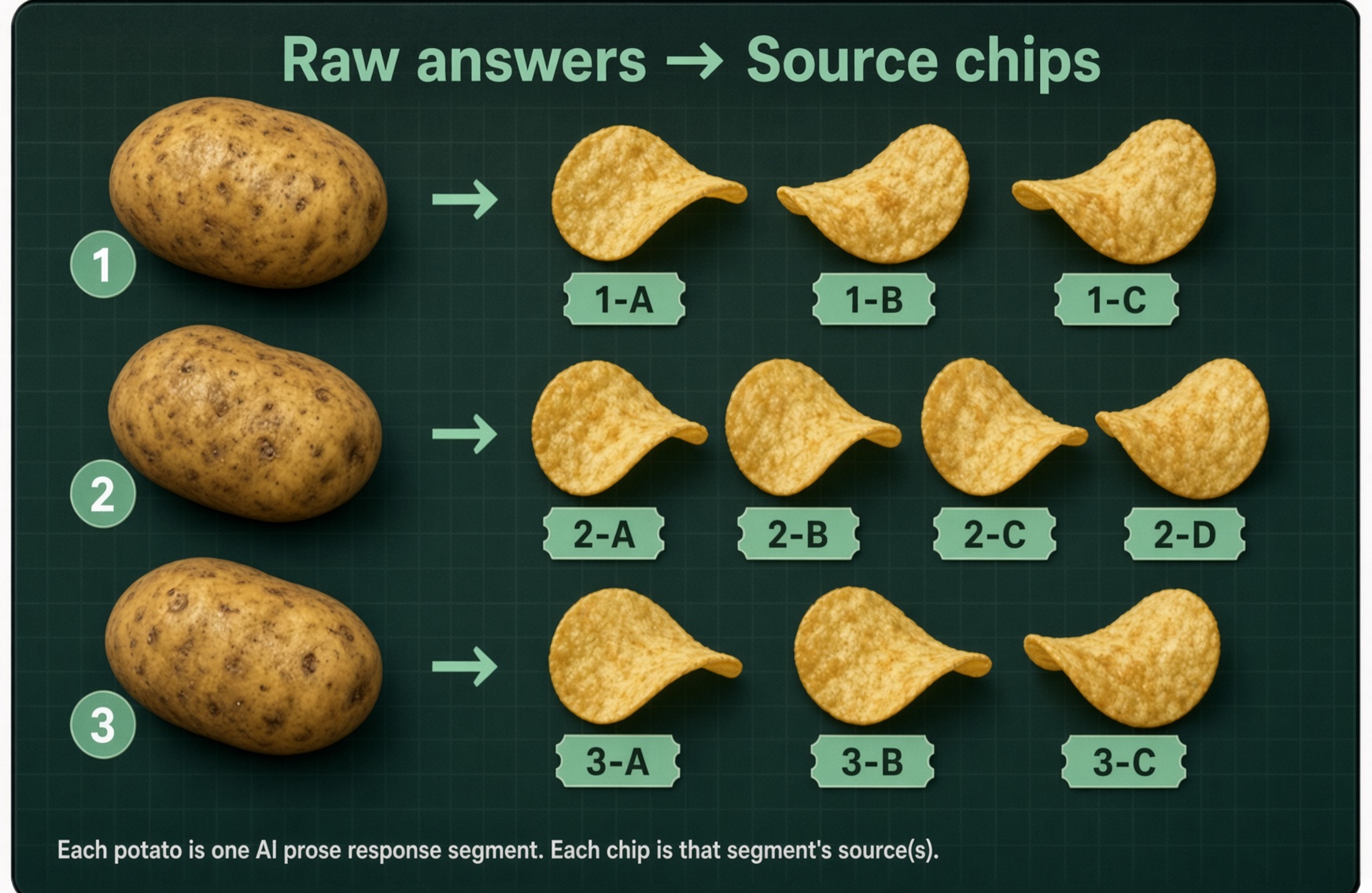 Raw answers → Source chips: each potato is one AI prose response segment; each chip is that segment's source(s).